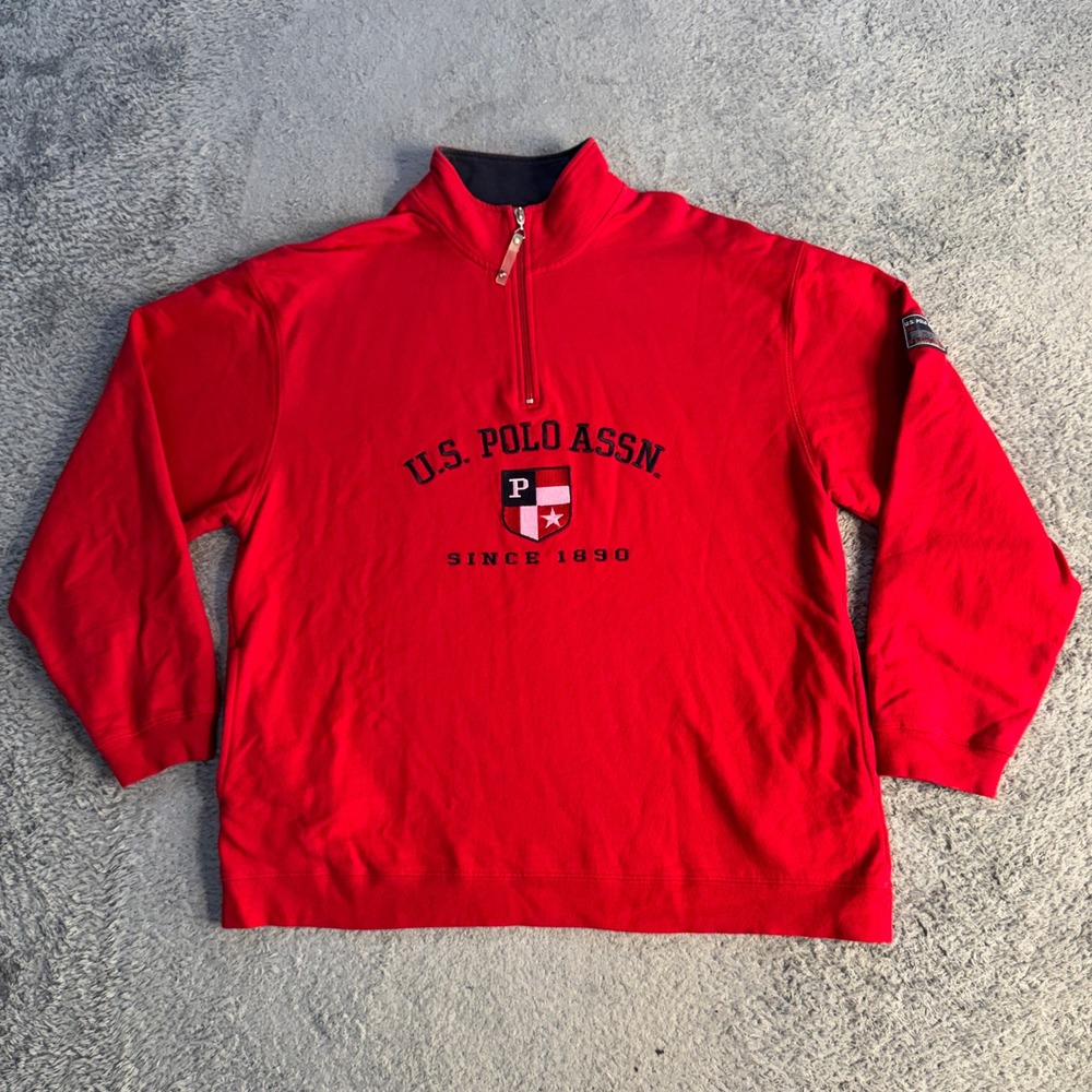 U.S. Polo Assn Mens Quarter Zip Pullover Sweatshirt XL Red Embroidered Cotton